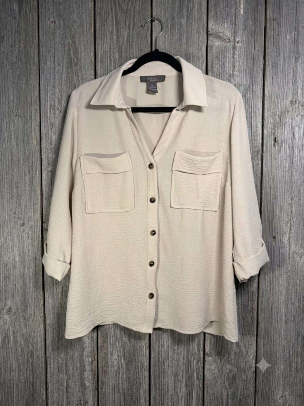 Olivia & Martin Beige Crinkle Gauze Button Down Blouse / 1X